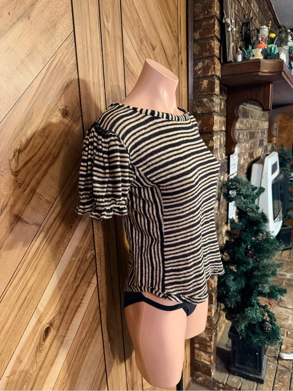 Free People Womens L Striped Puff Sleeve Knit Scoop Neck Top Tee Boho
